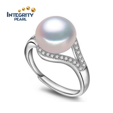 925 Silver Pearl Rings Fashion Pearl Ring Designs 9-10mm AAA Button Pearl Ring Jewelry